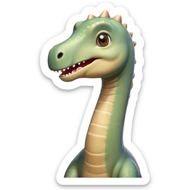 Cinematic Cute Brachiosaurus Portrait Emoji, Head tilted playfully with a warm, endearing smile, featuring a diminutive, almost whimsical head atop an impressively long neck and a sturdy, gentle body, adorned in soft, pastel earthy hues, Simplified yet irresistibly adorable features, highly detailed, glowing with a tender, inviting glow, high shine, affectionate and lively, stylized with a touch of prehistoric whimsy, soft glowing outline, capturing the essence of a playful Brachiosaurus that seems as if it could amble out of the screen into your arms! sticker