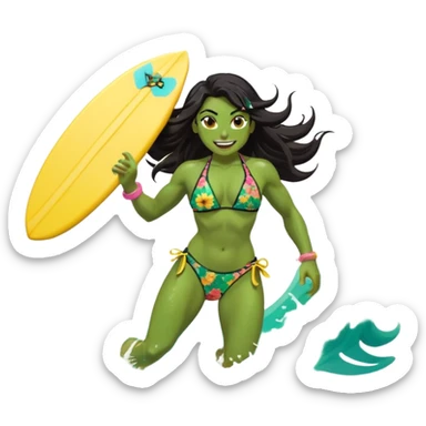 ork female holding small yellow bodyboard, running through shallow turquoise waves, muscular green body, bright floral bikini, fierce joyful grin showing tusks, long wet dark hair splashing, foam and spray, minimalist beach and ocean background, centered emoji, vibrant summer colors, sticker style sticker