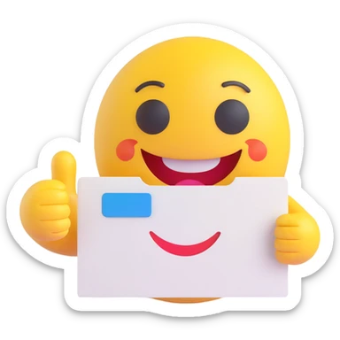 3D smiley emoji, round shape, grandmother holding a postcard, pink color, smiling face sticker