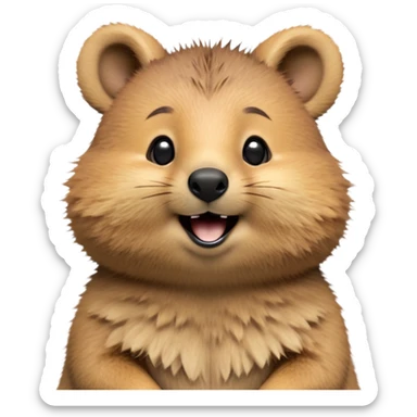 cinematic-realistic quokka-emoji,-small-round-frame, head tilted in an endearing manner, comical smile, round cheeks, giant-fluffy-cheeks-large-smile-fluffy-brown-fur-radiating-a-warm-softness,-big-round-eyes-filled-with-joy, realistic round  fluffy zoomed in, large black eyes one paw raised in the air sticker