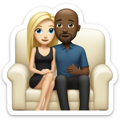 Blonde woman with blue eyes and long straight hair wearing a short black dress and a black man who is bald with a goatee seated together on a sofa enjoying a loving kiss.   sticker