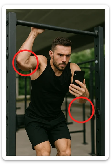 uomo che fa Muscle up e si sta filmando davanti con il telefonino per vedere la sua posizione dei gomiti e delle mani sulla sbarra, fai dei cerchi per indicara i gomiti sticker