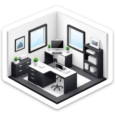 An isometric 3D room with two white walls that meet at the back left and right and a single Window. Black and White Home Office Room sticker