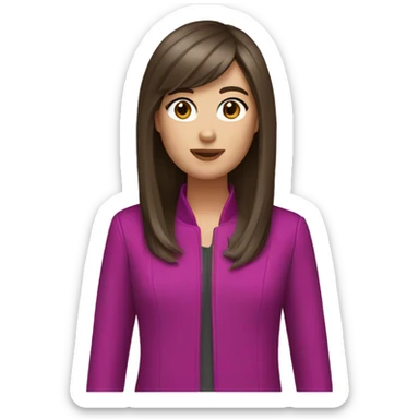 white girl with brown eyes, long straight dark brown hair, curtain bangs, and a magenta jacket sticker