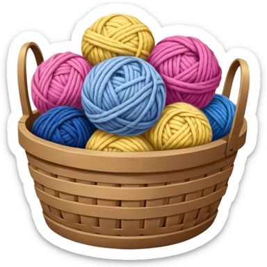 detailed, hyperrealism, still life beautiful ball of chunky pink, yellow, blue color wool, placed in realistic vintage wooden basket, with other types of wool, to knit a blanket. Transparent background  sticker