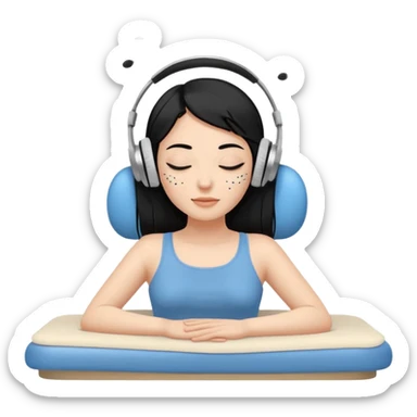A stylized young woman with black hair lying on a massage table, relaxed, wearing headphones, small musical notes around the head. Flat vector style, thick black outline, simple palette (warm beige-brown tones + accent blue), clean background, high legibility at small size. 72x72, square, vector. sticker