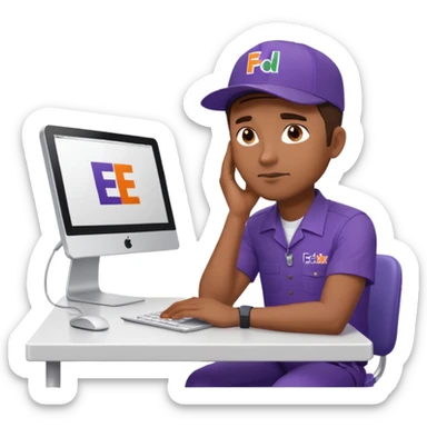 emoji of a man sitting at the table with an imac on it, a man is sitting in a very thoughtful pose, he has his hands on the table and his head resting on themб he look into the screen of imac, he is dressed in FedEx delivery uniform sticker