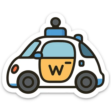 Waymo self-driving car, modern and clean, visible sensors and lidar, simple background, lineal color icon with black outlines style sticker