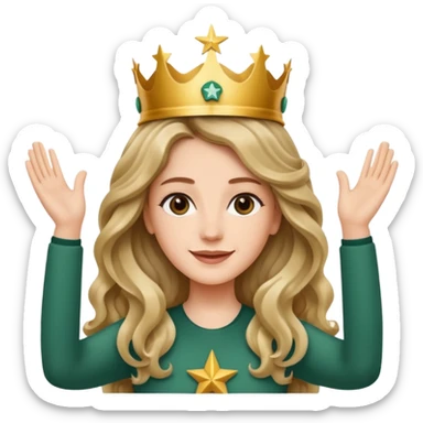Apple style 3D emoji of a young woman inspired by the Starbucks logo. She has long wavy hair on both sides, a crown with a star on her head, arms raised upward like in the Starbucks logo, with a calm smile. Smooth, shiny, simple emoji look. sticker