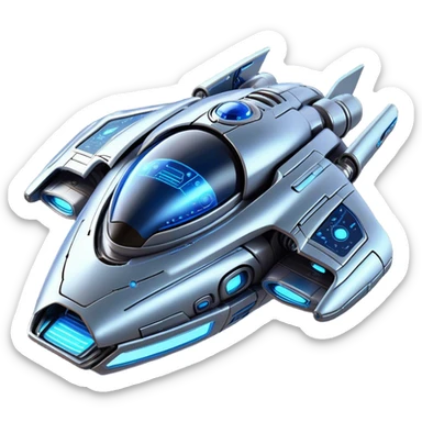 Design a highly detailed and futuristic spaceship with a realistic and technologically advanced appearance. The ship should have an aerodynamic yet robust structure, featuring shiny metallic panels, glowing blue neon lights, and intricate mechanical details. Incorporate elements that suggest a 'face' or expression, such as a 'visor' or 'mask' on the front, with lights resembling eyes and a shape that evokes a smile or friendly gaze. The spaceship should convey a sense of artificial intelligence, as if it were a conscious entity. Add organic design touches, like smooth curves and details that suggest movement or life. The background should be outer space, with stars and a distant planet illuminated by soft light. sticker