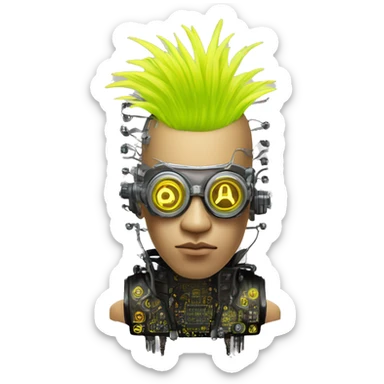 Neon yellow Mohawk hair Asian male cyborg head with silver steampunk goggles and circuits sticker