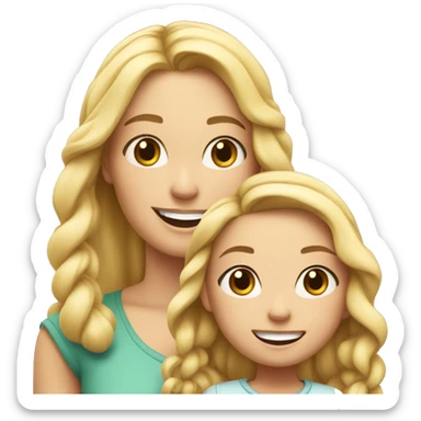 An emoji of a blonde mother with long hair, standing next to her 3-year-old daughter with black braided hair, both smiling sticker