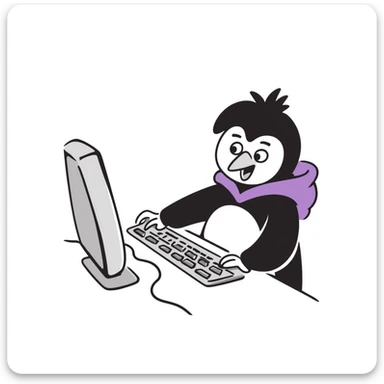 A hand-drawn penguin wearing a purple hoodie typing enthusiastically on a computer keyboard sticker
