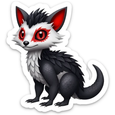 a white exotic edgy vernid-fionbr-Fakémon-creature, with black belly and red eyes, full body sticker