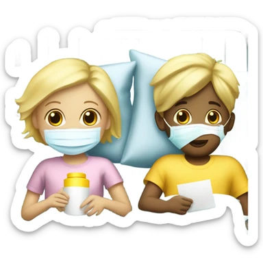 Two blonde children, sick, each in their own bed, wearing surgical masks, one Boy, one girl, at home, get well soon sign with yellow heart sticker