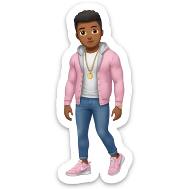 Handsome Black guy with brown skin tone, with muscular build, wearing dark denim jeans, a white t-shirt, pink and gray fuzzy cardigan, white Nike sneakers, a gold watch, and a dainty chain sticker