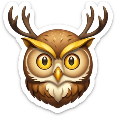 Emoji chouette perchée brun clair, yeux jaunes brillants,bois de cerf imposants sur la tête, sagesse et puissance. Avec majesté sticker