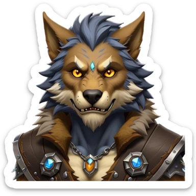 Cinematic Realistic WoW Worgen Portrait, head tilted epicly and inquisitively, showcasing the striking fusion of human intellect and beastly ferocity. His rugged fur and tanned skin, accented by piercing amber eyes and meticulously rendered worn leather garments, are bathed in dynamic lighting, high shine, epic and awe-inspiring, capturing the relentless spirit of a worgen at the apex of his power. sticker