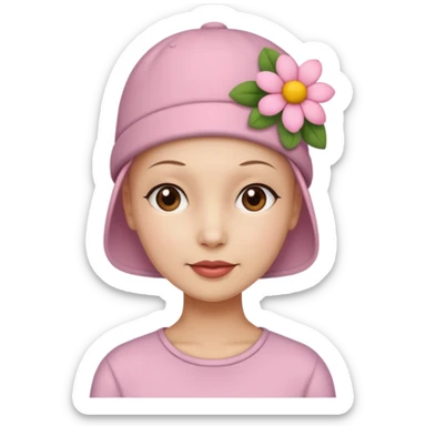Woman with no hair wearing a cute hat with a flower on it sticker