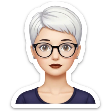 White woman with short pixie cropped white hair glasses, dark brows sticker