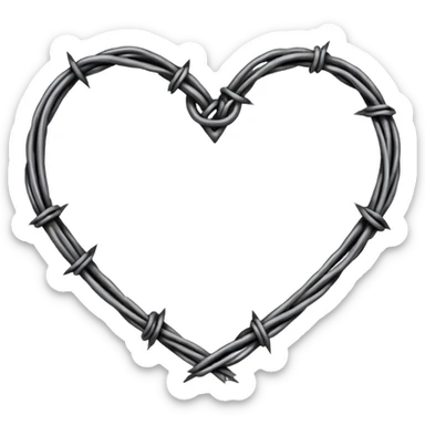 Minimal black line art heart made from barbed wire, hand-drawn sketch look, uneven ink strokes, 6–7 barbs with twisted knots, simple clean outline, centered on plain white background, high contrast sticker