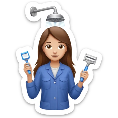 beautiful girl with long brown hair constructing new bathroom area with new shower and amenities  sticker