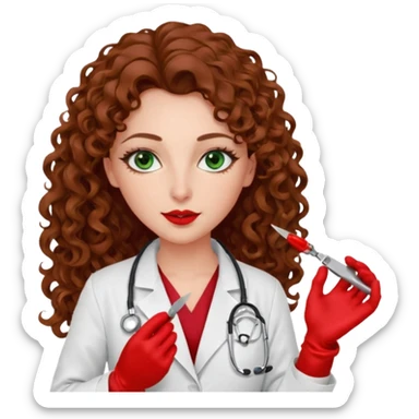 Lilith scalpel sexy evil woman. She has green eyes.  had brown long curly hair.  evil surgeon kills holding scalpel.  wears sexy doctor coat with red gloves. Covers nose, neck  and mouth with Muslim red berka sticker
