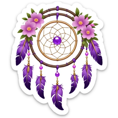 A white-wooden-circle-framed Dreamcatcher. with purple-round-orbs, gold-rings hanging down. purple flowers, pink sakura flowers, sticker