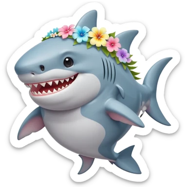 A cute chubby shark with hawaii pastel flower necklace and hawaiian flower crown, posing proudly. sticker