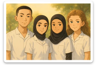 Four nursing students standing side by side in a warm atmosphere, styled in Ghibli. They wear white short-sleeve uniforms without collars, no undershirts or stethoscopes. Tops are medical tunics with V-necks and a chest pocket on the left side. Faces and attitudes inspired by the four provided photos, with a different composition. sticker