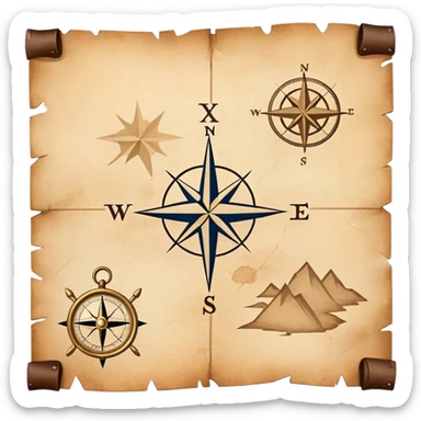 A simple treasure map with an X marking the spot, weathered edges, compass rose in the corner sticker