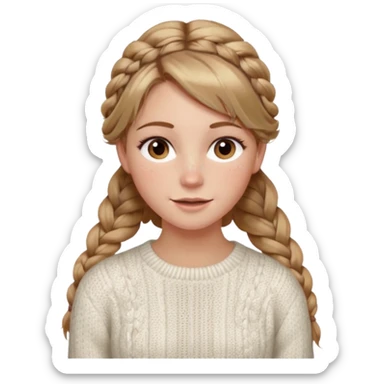 light brown hair blonde hair hazel eyes woman with a white cable knit sweater thatand one braid down her back  with tendrils of hair flowing down her face and she is happy pale, some freckles, blush. she has a cateye wing and long lashes sticker