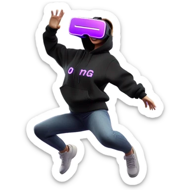 Russian girl wearing black hoody with violet letters "OMG", in vr headset oculus quest2. jumping. Cyberpunk style. Violet neon. sticker