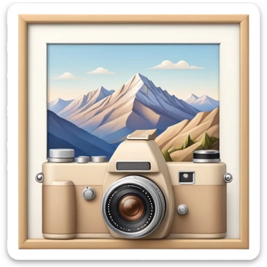 A beige camera and next to it a landscape photograph of the frame behind the camera sticker