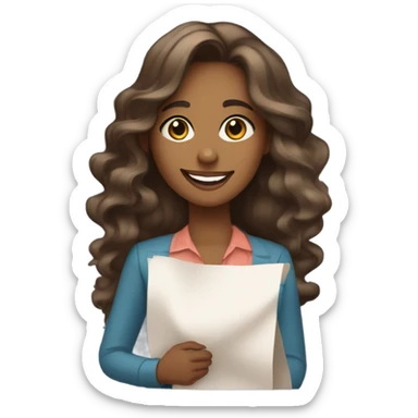 "Young woman with medium brown skin tone, long wavy hair, big sparkling eyes, a radiant smile, wearing a stylish outfit. She is holding a sheet of paper with charts and statistics in the other, looking very beautiful and adorable." sticker