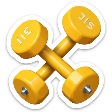 Generate a high-quality image of two cute, small yellow dumbbells for home workouts stacked in a cross shape on a plain white background, roun
 sticker