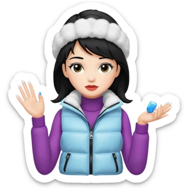 girl with black hair in a white puffer vest with nails sticker