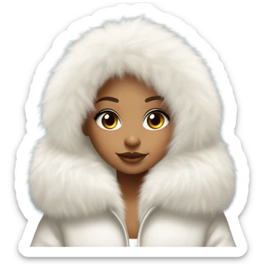 Tanned Girl with lashes , platinum blonde hair, in an extremely big fluffy oversized white fur coat with hood on. The fur is real and it’s very obvious big and fluffy like in Pinterest  sticker