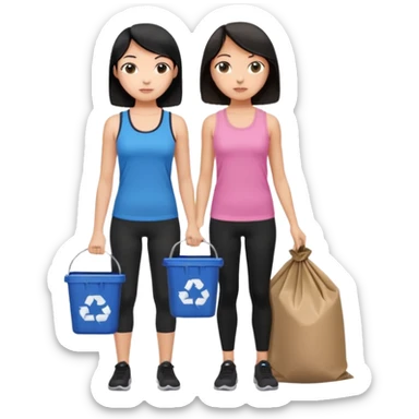 generate a genmoji of a black haired girl in a pink tank top and black leggings holding a black trash bag. Standing with her is a brunette girl in a similar blue tank top and black leggings.
Standing in front of a dustbin sticker