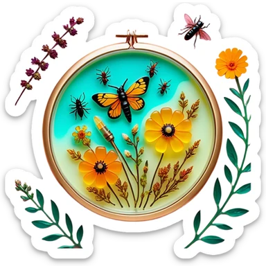 Epoxy resin art icon, jewelry and decorative items made with fluorescent epoxy resin, glowing effect on the resin, finished resin jewelry with dried flowers and insects embedded inside, visible tubes of resin with bright colors, mixing tools, and molds, minimalistic style, clean lines, transparent background sticker