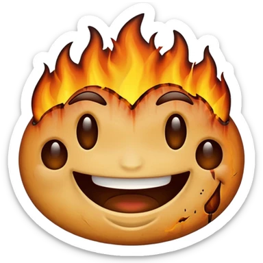 A emoji with half of his face where his left eyes at is burnt with the emoji having a big grin sticker