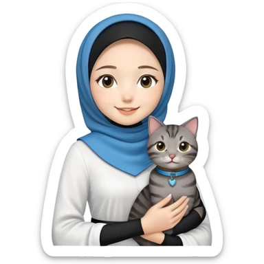 Asian White girl wearing black hijab and white dress holding a black grey tabby cat while smiling.  The cat is wearing a blue collar sticker