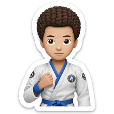 Mixed race boy BJJ instructor with pony tail afro hair and shaved bald sides haircut, Make the hair brown and the belt blue. Add the roger Gracie academy logo on the go also and the p logo of progress jiu jitsu on the right arm sleeve  at the top sticker