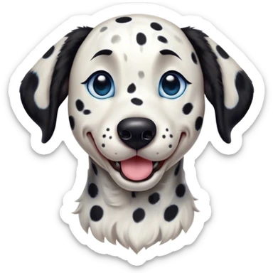 Cinematic Comical Spotted Dalmatian Portrait Emoji, Head tilted dramatically with an exaggeratedly shocked or amused expression, featuring a striking Fur of predominantly white with vivid black patches, wide, expressive blue eyes filled with playful disbelief, Simplified yet hilariously expressive features, highly detailed, glowing with a slightly sassy glow, high shine, dramatic yet playful, stylized with an air of cheeky charm, bright and endearing, soft glowing outline, capturing the essence of a spirited and over-the-top guardian, so meme-worthy it feels like it could side-eye its way into internet fame instantly! sticker