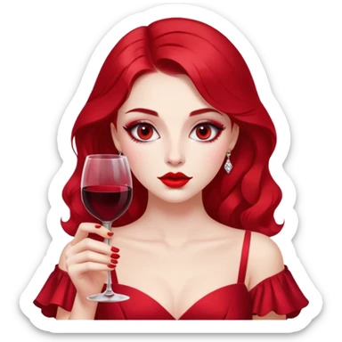 A girl with red makeup and an elegant dress, holding a glass of wine close to her lips, with her lips slightly parted, looking at you with half-lidded eyes. sticker
