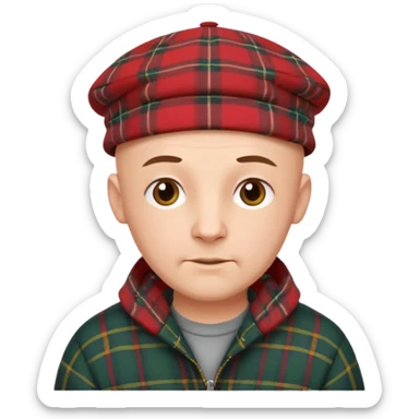 a bald man wearing a tartan flap cap looking really hopeful sticker