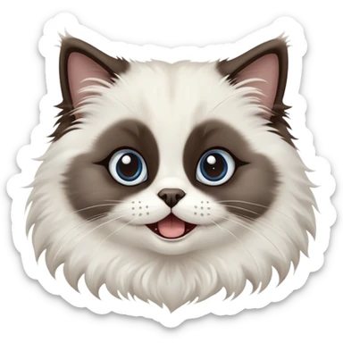 cinematic-adorable-big-eyed-fluffy-dark brown and white seal ragdoll-cat-portrait-emoji,-head-tilted-playfully-with-a-cute,-yawn,-soft-brown pointed seal-and white-colored-fur-with-darker-points-on-the-ears,-simplified-yet-irresistibly-cute-features, sparkling blue eyes sticker
