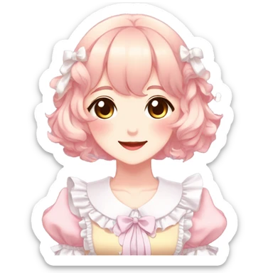 Gorgeous anime style lady blushing face maid outfit Lolita idol model colorful shiny sparkle kawaii pastelcore cottagecore pearly petite simplistic aesthetic trending style sticker