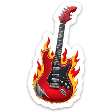Create a bold and powerful emoji representing rock vocal performance in a humanless collage. The design should feature a vintage microphone at the center, surrounded by a heavy, aggressive hardcore electric guitar with sharp, jagged edges. Include crossed drumsticks behind the guitar, symbolizing the intense rhythm of rock music. Add fiery elements like flames or lightning bolts to enhance the raw energy of the design. Use dark, bold colors like black, red, and silver, with metallic or chrome accents to reflect the rebellious, hard-hitting nature of rock. The background should be transparent. sticker