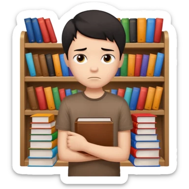 generate a pretty bratz fair skinned boy with short black hair wearing a brown tshirt surrounded by books n looking very sad sticker